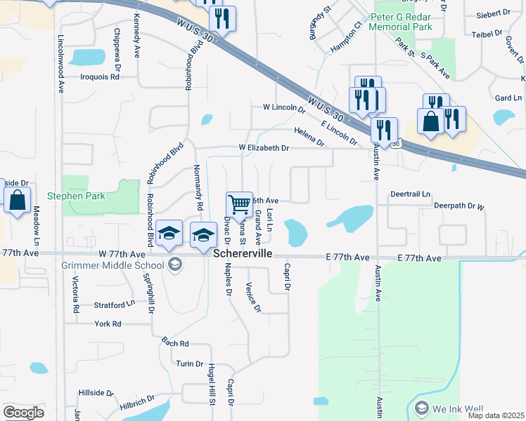 map of restaurants, bars, coffee shops, grocery stores, and more near 2237 Lori Ln in Schererville