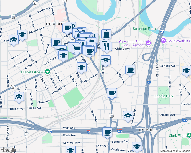 map of restaurants, bars, coffee shops, grocery stores, and more near 2511 Monroe Avenue in Cleveland