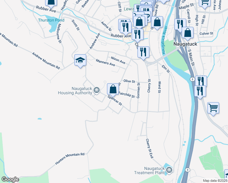 map of restaurants, bars, coffee shops, grocery stores, and more near 139 Lewis Street in Naugatuck