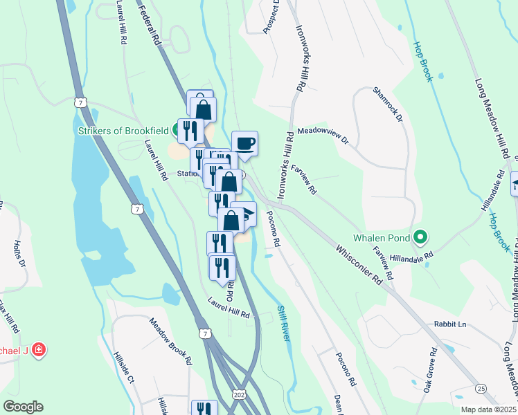 map of restaurants, bars, coffee shops, grocery stores, and more near 176 Pocono Road in Brookfield