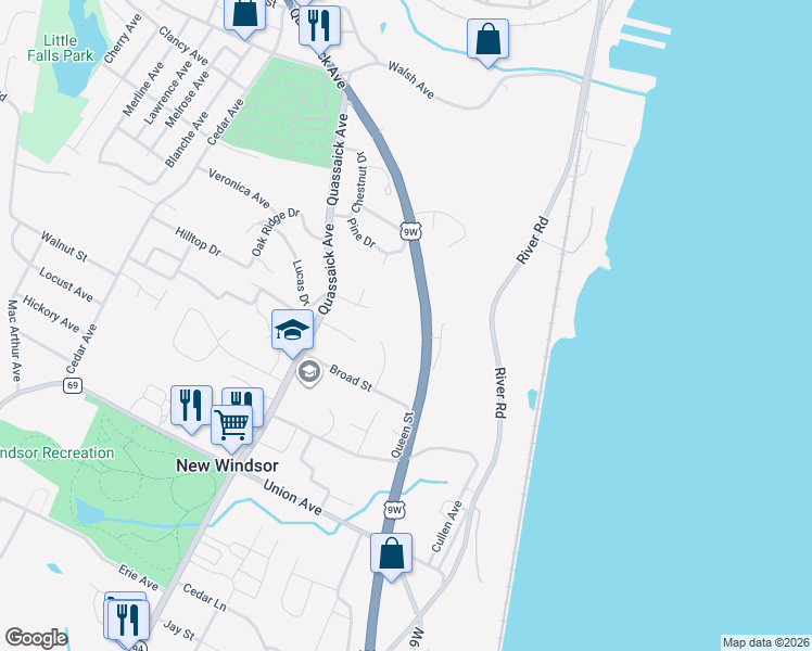 map of restaurants, bars, coffee shops, grocery stores, and more near 3135 Route 9W in New Windsor