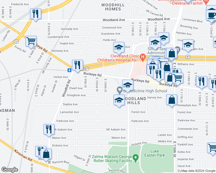 map of restaurants, bars, coffee shops, grocery stores, and more near 10309 Elwell Avenue in Cleveland