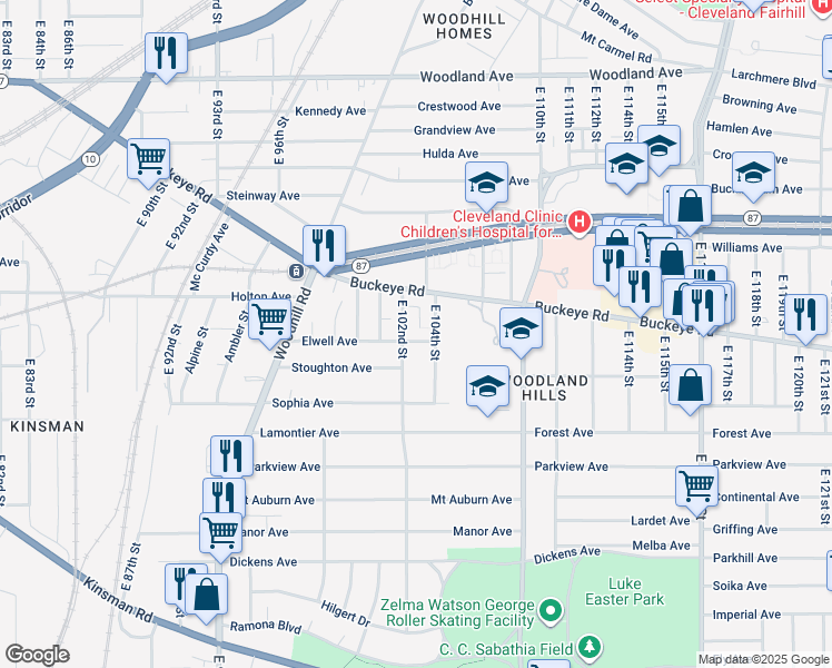 map of restaurants, bars, coffee shops, grocery stores, and more near 10309 Elwell Avenue in Cleveland