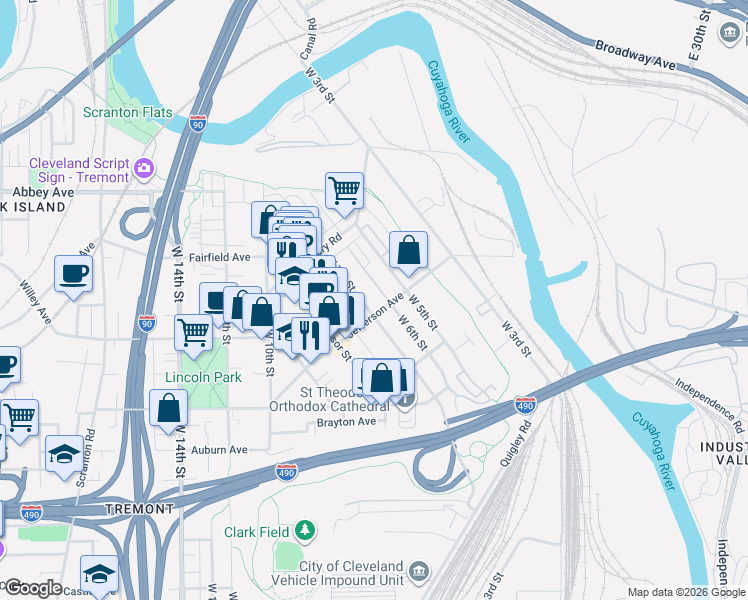 map of restaurants, bars, coffee shops, grocery stores, and more near 518 Jefferson Avenue in Cleveland