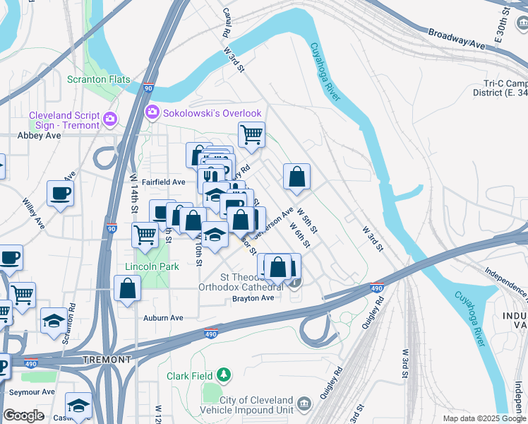 map of restaurants, bars, coffee shops, grocery stores, and more near 2346 West 7th Street in Cleveland