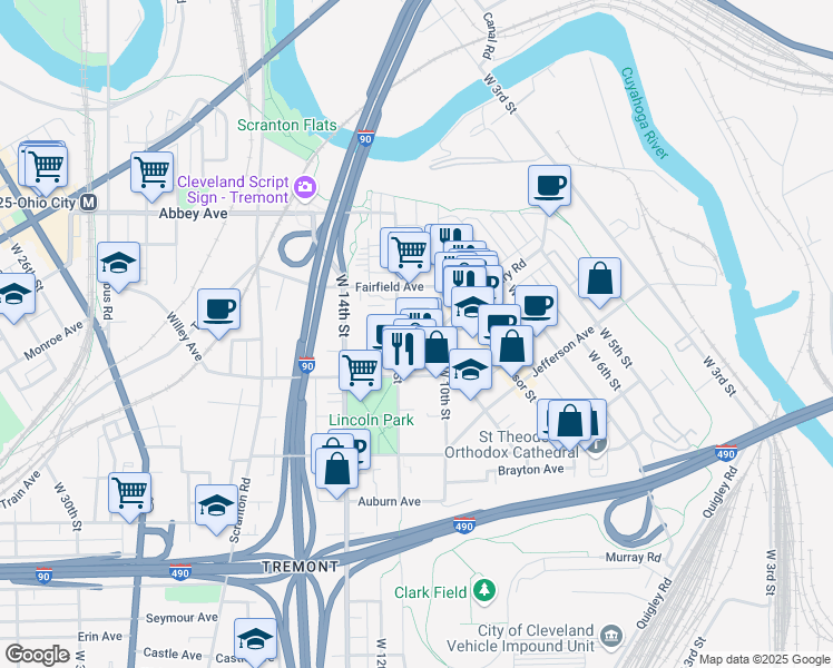 map of restaurants, bars, coffee shops, grocery stores, and more near 2289 West 11th Street in Cleveland