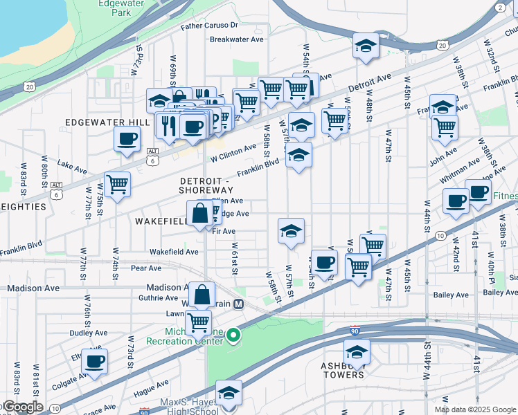map of restaurants, bars, coffee shops, grocery stores, and more near 5901 Ellen Avenue in Cleveland