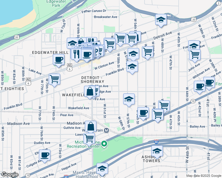 map of restaurants, bars, coffee shops, grocery stores, and more near 5901 Ellen Avenue in Cleveland