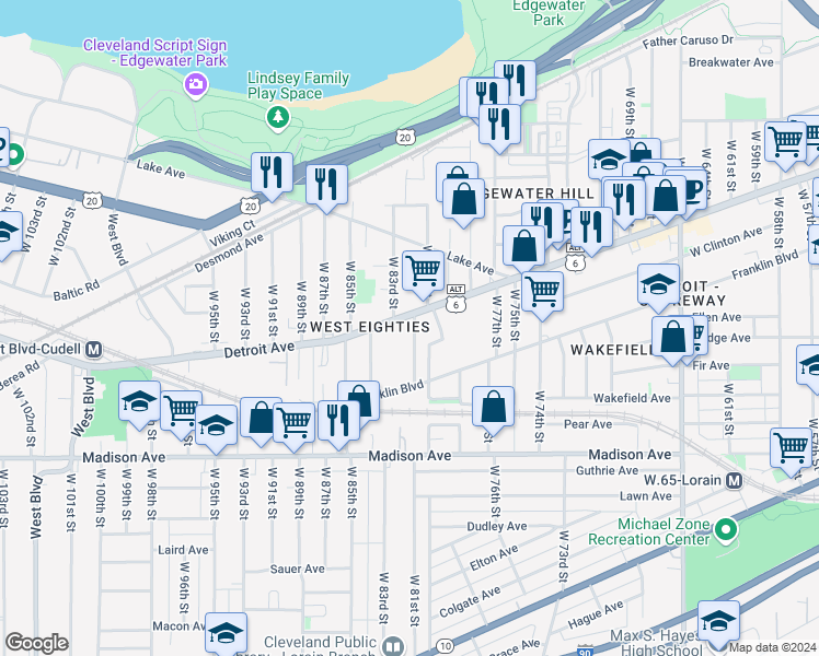 map of restaurants, bars, coffee shops, grocery stores, and more near in Cleveland