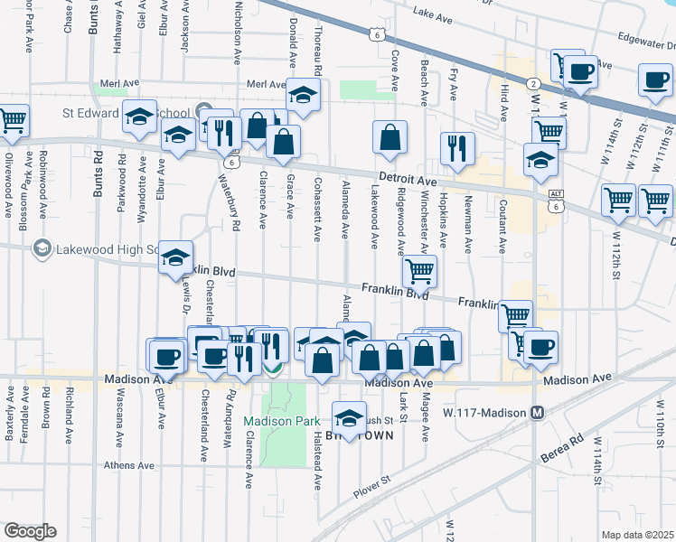 map of restaurants, bars, coffee shops, grocery stores, and more near 1527 Cohassett Avenue in Lakewood