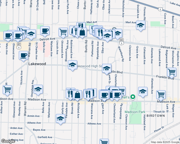 map of restaurants, bars, coffee shops, grocery stores, and more near 1561 Bunts Road in Lakewood