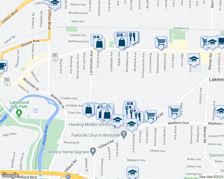 map of restaurants, bars, coffee shops, grocery stores, and more near 1552 Wagar Avenue in Lakewood