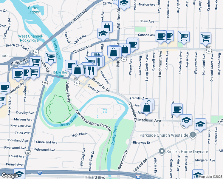 map of restaurants, bars, coffee shops, grocery stores, and more near 1495 Riverside Drive in Lakewood
