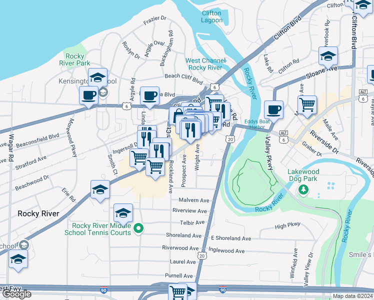 map of restaurants, bars, coffee shops, grocery stores, and more near 19365 Detroit Road in Rocky River