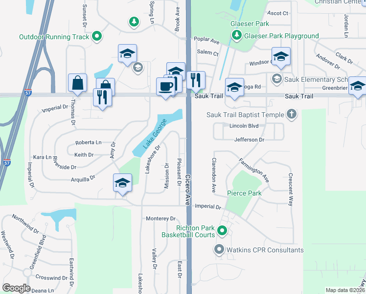 map of restaurants, bars, coffee shops, grocery stores, and more near 22454 Pleasant Drive in Richton Park