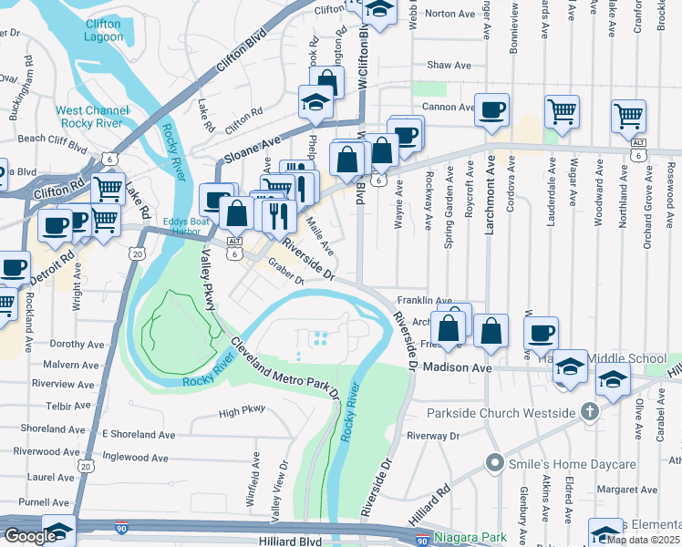map of restaurants, bars, coffee shops, grocery stores, and more near 1495 Riverside Drive in Lakewood