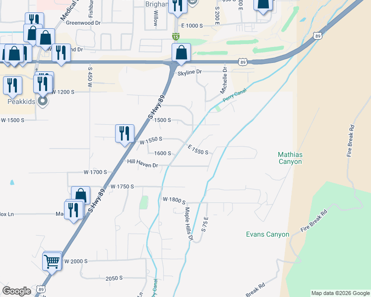 map of restaurants, bars, coffee shops, grocery stores, and more near 1565 Canyon View Drive in Brigham City