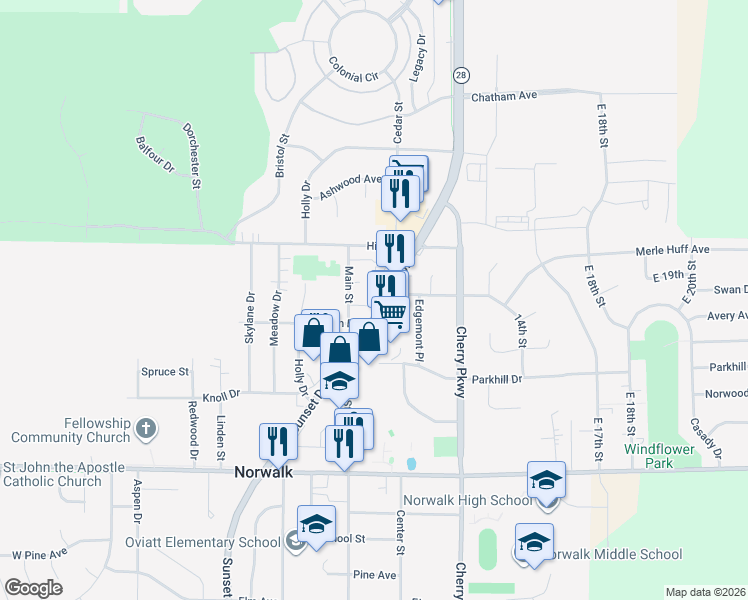 map of restaurants, bars, coffee shops, grocery stores, and more near 1305 Sunset Drive in Norwalk