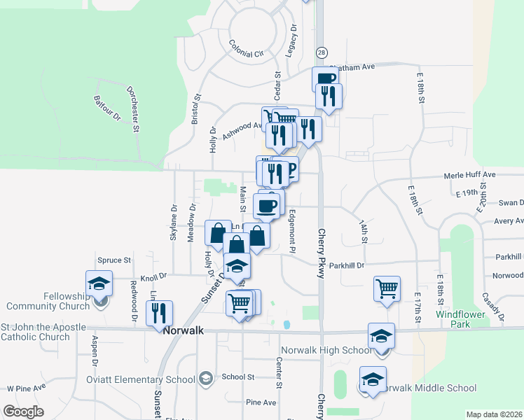 map of restaurants, bars, coffee shops, grocery stores, and more near 1305 Sunset Drive in Norwalk