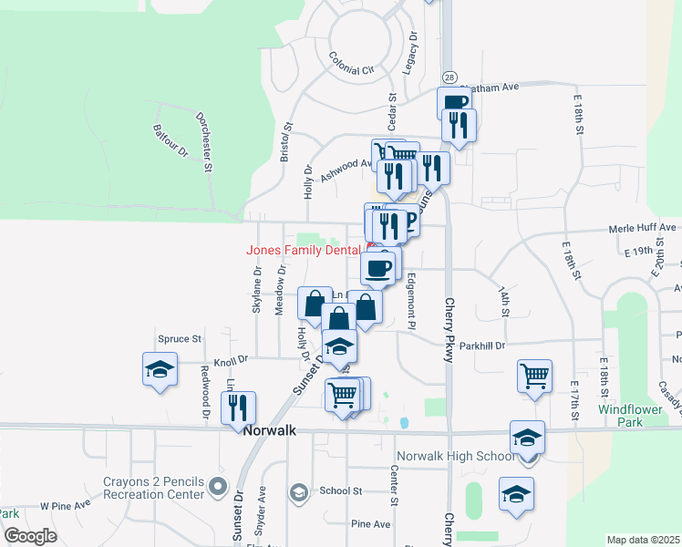 map of restaurants, bars, coffee shops, grocery stores, and more near 1305 Main Street in Norwalk