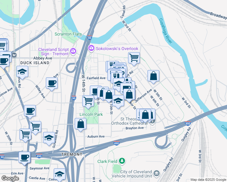 map of restaurants, bars, coffee shops, grocery stores, and more near 2273 West 10th Street in Cleveland