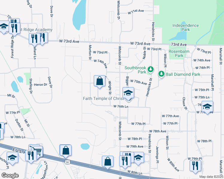 map of restaurants, bars, coffee shops, grocery stores, and more near 7573 Wright Street in Merrillville