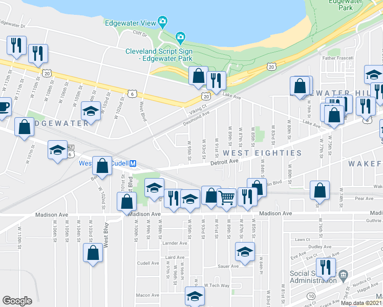 map of restaurants, bars, coffee shops, grocery stores, and more near 1375 West 95th Street in Cleveland