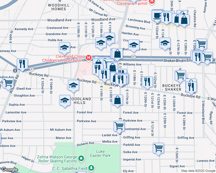 map of restaurants, bars, coffee shops, grocery stores, and more near 11420 Buckeye Road in Cleveland