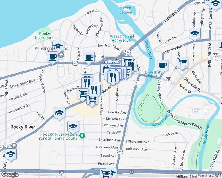 map of restaurants, bars, coffee shops, grocery stores, and more near 19365 Detroit Road in Rocky River