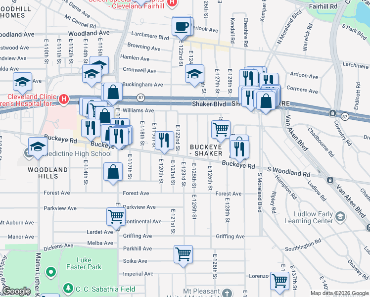 map of restaurants, bars, coffee shops, grocery stores, and more near 2834 East 124th Street in Cleveland