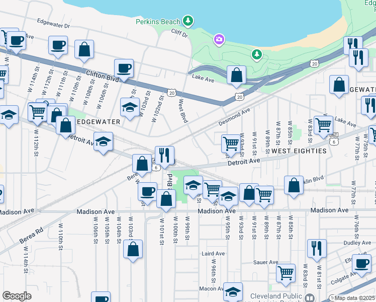 map of restaurants, bars, coffee shops, grocery stores, and more near 1350 West Boulevard in Cleveland