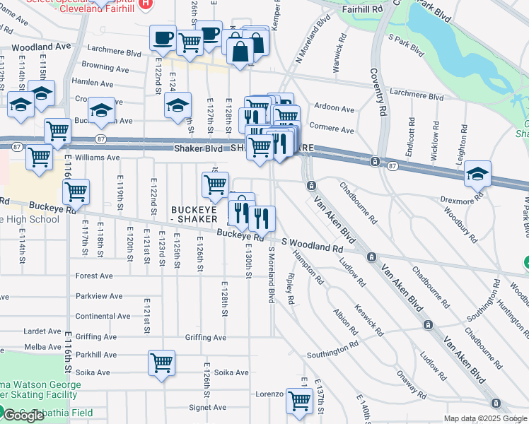 map of restaurants, bars, coffee shops, grocery stores, and more near 2852 South Moreland Boulevard in Cleveland