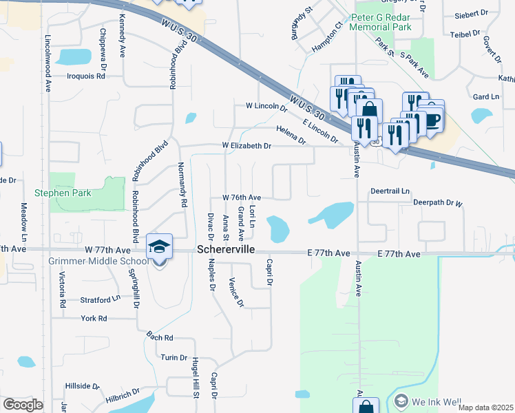 map of restaurants, bars, coffee shops, grocery stores, and more near 2237 Lori Lane in Schererville