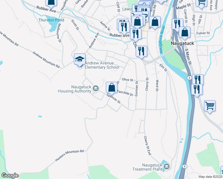 map of restaurants, bars, coffee shops, grocery stores, and more near 139 Lewis Street in Naugatuck