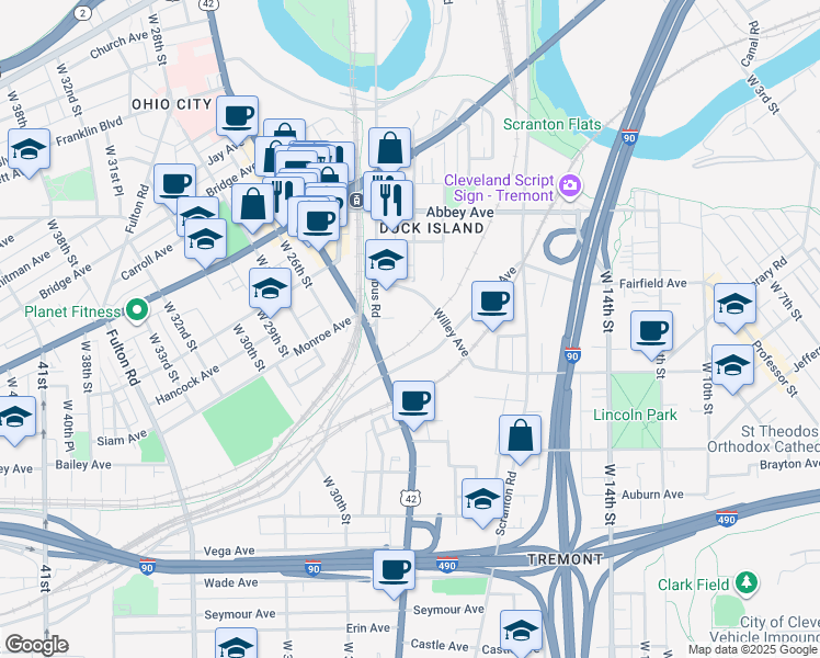 map of restaurants, bars, coffee shops, grocery stores, and more near 2368 Brevier Avenue in Cleveland