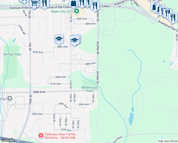 map of restaurants, bars, coffee shops, grocery stores, and more near 1225 49th Avenue Court in East Moline