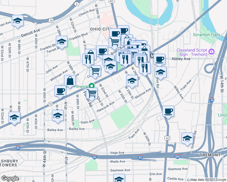 map of restaurants, bars, coffee shops, grocery stores, and more near 3016 Chatham Avenue in Cleveland