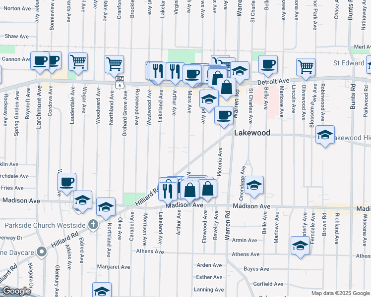 map of restaurants, bars, coffee shops, grocery stores, and more near 1546 Mars Avenue in Lakewood