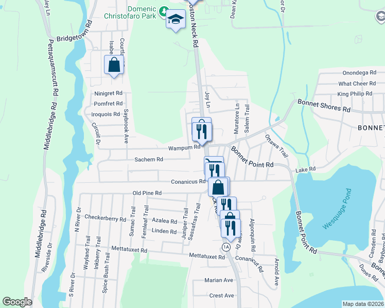 map of restaurants, bars, coffee shops, grocery stores, and more near 17 Osceola Avenue in Narragansett