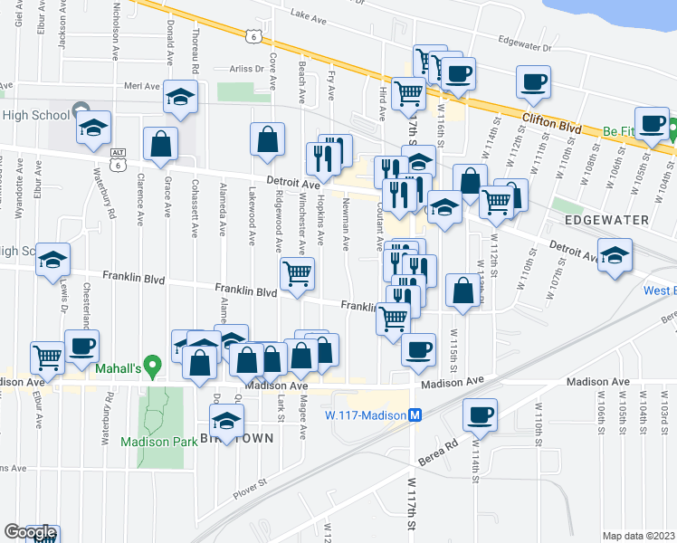 map of restaurants, bars, coffee shops, grocery stores, and more near 1504 Newman Avenue in Lakewood