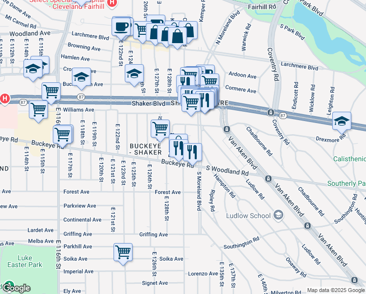 map of restaurants, bars, coffee shops, grocery stores, and more near 2836 East 130th Street in Cleveland