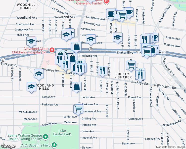 map of restaurants, bars, coffee shops, grocery stores, and more near 11801 Buckeye Road in Cleveland