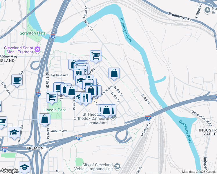 map of restaurants, bars, coffee shops, grocery stores, and more near 518 Jefferson Avenue in Cleveland
