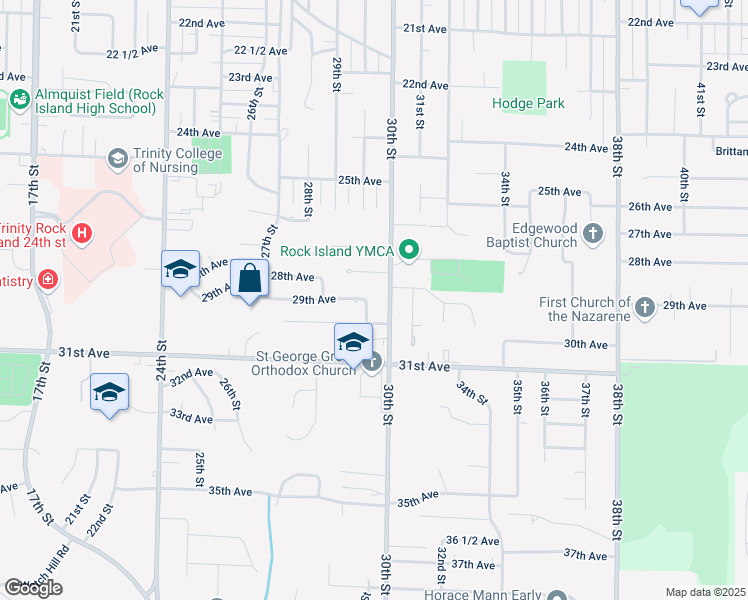 map of restaurants, bars, coffee shops, grocery stores, and more near 2905 29th Street in Rock Island