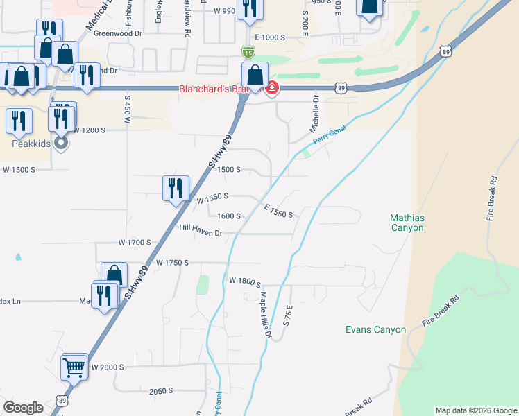 map of restaurants, bars, coffee shops, grocery stores, and more near 1565 South 1425 East in Brigham City