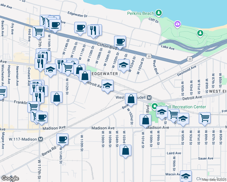 map of restaurants, bars, coffee shops, grocery stores, and more near 10462 Detroit Avenue in Cleveland