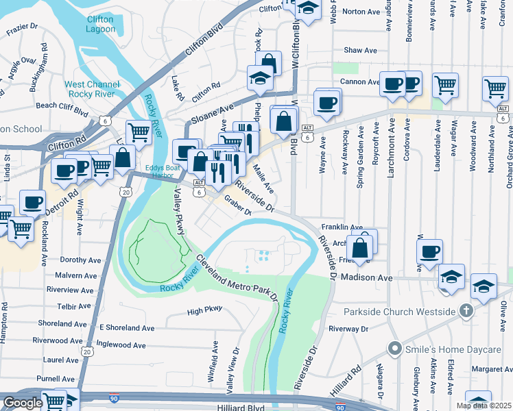 map of restaurants, bars, coffee shops, grocery stores, and more near 1458 Riverside Drive in Lakewood