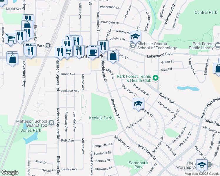 map of restaurants, bars, coffee shops, grocery stores, and more near 352 Blackhawk Drive in Park Forest