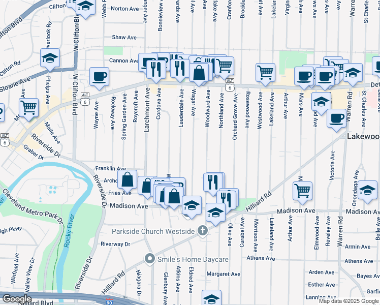 map of restaurants, bars, coffee shops, grocery stores, and more near 1552 Wagar Avenue in Lakewood