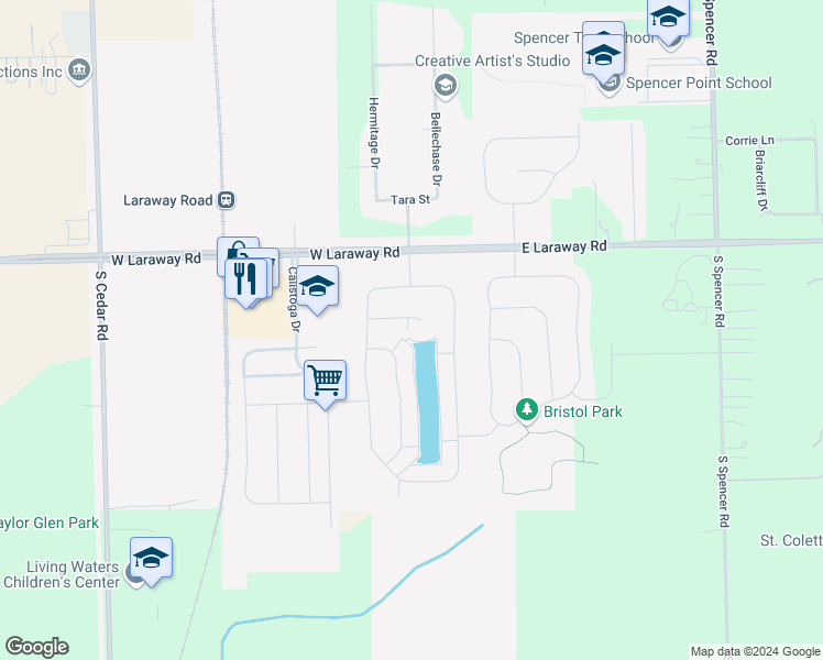 map of restaurants, bars, coffee shops, grocery stores, and more near 660 Edgewater Court in New Lenox